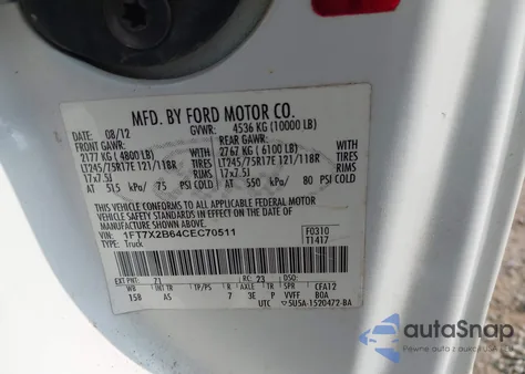 2012 Ford F-250 Xl из США, поврежденный, VIN 1FT7X2B64CEC70511